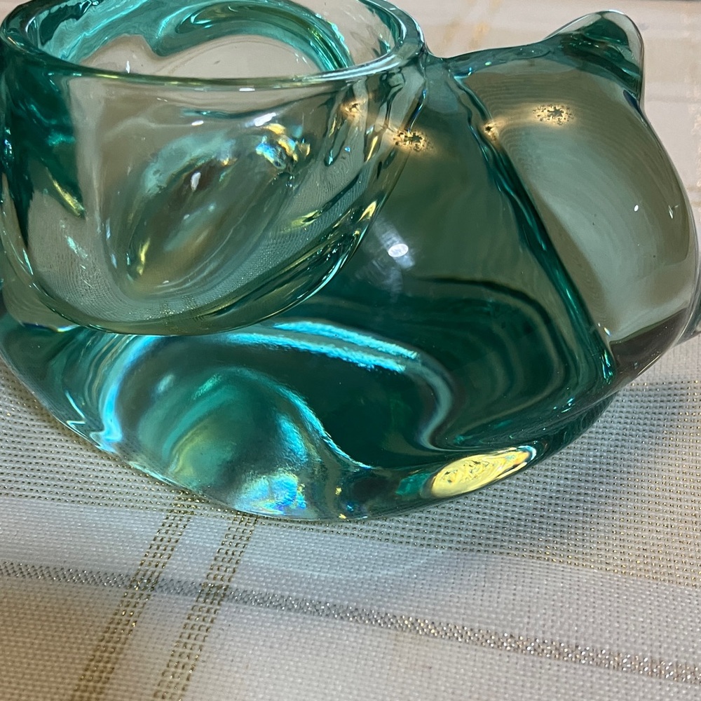 Vintage Sleeping Kitten Indiana Glass Co Teal Green Translucent Votive Holder - Picture 7 of 11